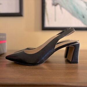 Brand new in box, black leather sling back Vince Camuto 3” Hamden heels.